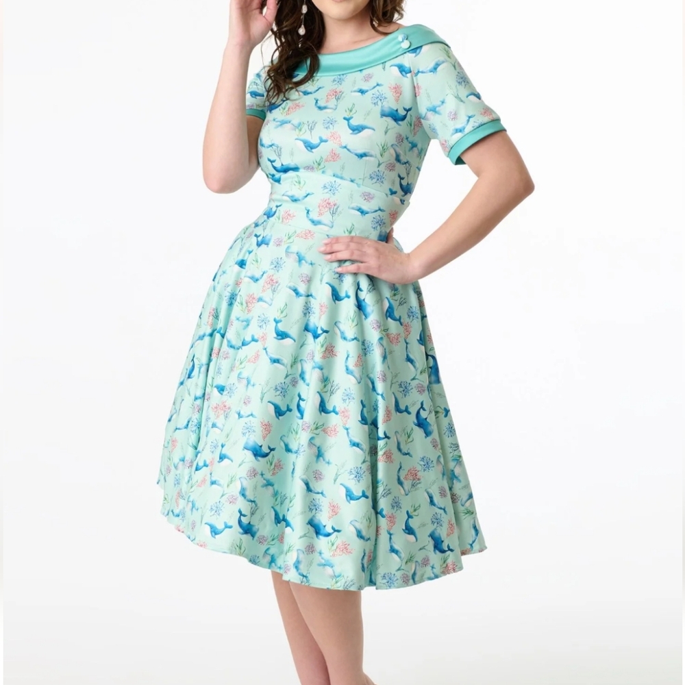 Dolly & Dotty 1950s Baby Blue Whale Print Darlene Swing Dress